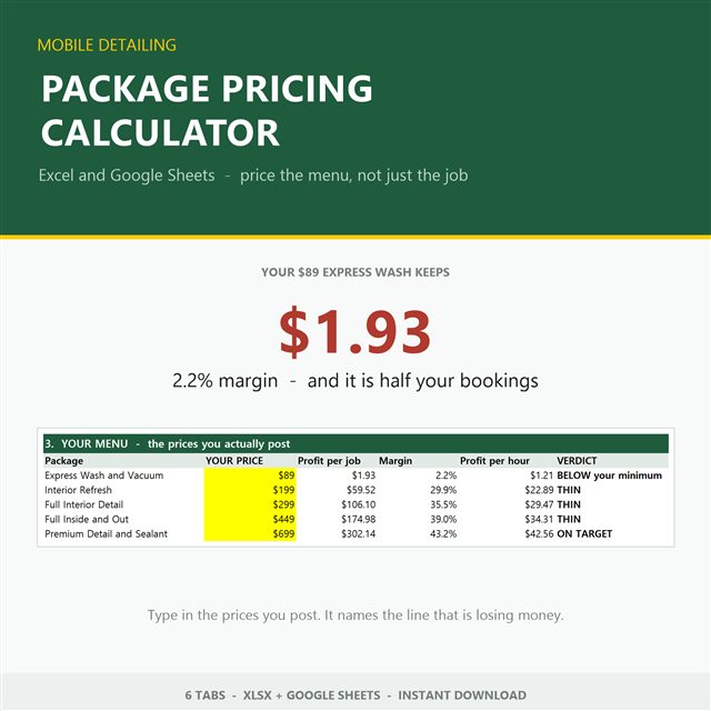 Preview of the Mobile Detailing Package Pricing Calculator spreadsheet