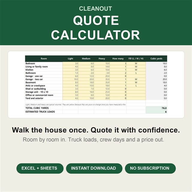 Preview of the Cleanout Quote Calculator spreadsheet