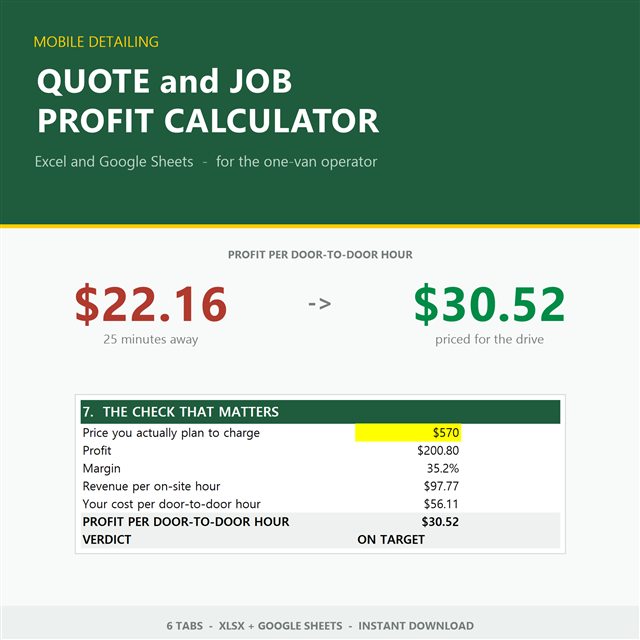 Preview of the Mobile Detailing Quote & Job Profit Calculator spreadsheet